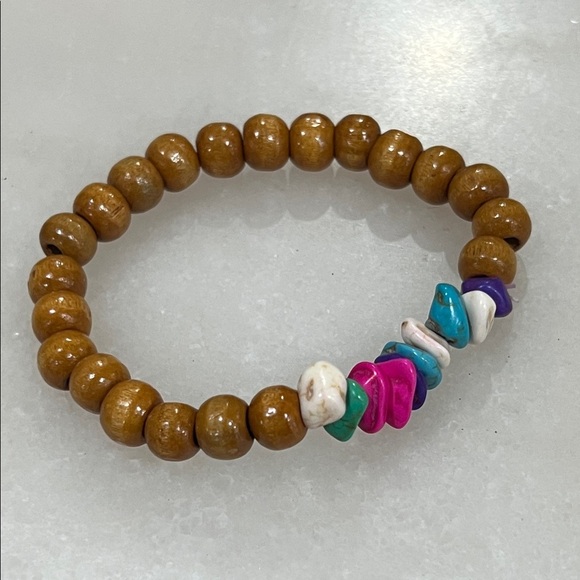 Colorful Beaded Wood Bracelet with Natural Dyed Turquoise Accents - Picture 2 of 6